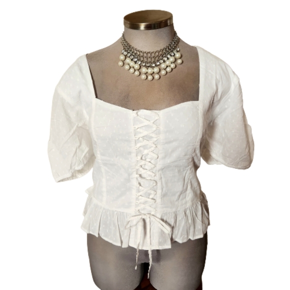 SWISS DOT ☆ WHITE LACE UP  ☆ SWEETHEART PEASANT TOP ☆ 3x ☆ NWT - Picture 2 of 9